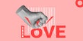 Destruction of love, abusive behavior, violence, domestic violence. Fist smashing word LOVE. Minimalist art collage Royalty Free Stock Photo