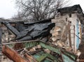 Destruction from shelling in the Donbas. Broken garage