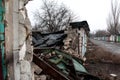 Destruction from shelling in the Donbas. Broken garage