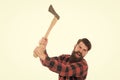 Destructive energy. Brutal lumberjack. Cutting wood. Sharp blade. Danger concept. Brutality and masculinity. Bearded