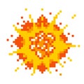 Destructive pixel explosion. Red detonation burst of energy with yellow fire flaming.