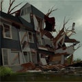 Destructive tornado destroys house, trees will break. Bad weather