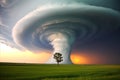 Destructive Tornado Unleashing Havoc on Plain, Devastating Villages amidst Ominous Stormy Sky