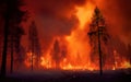 Destructive wildfire blazing across the night forest, highlighting tree silhouettes. Generative AI illustration