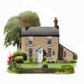 detached and typical british residential house with small entrance garden (isolated on white) Royalty Free Stock Photo