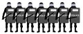 Detachment of riot police with shields and clubs stand in line. Silhouette vector illustration