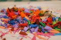 Detail of an abstract image of a pile or heap of colored shavings or remains of colored pencils