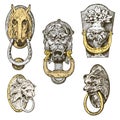 Detail ancient building. architectural ornamental elements, wooden door knob, knocker or handles. lion and horse