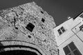 Ancient medieval tower in black and white