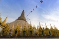 Detail of the ancient Shwedagon pagoda at twilight. Royalty Free Stock Photo