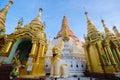 Detail of the ancient Shwedagon pagoda at twilight. Royalty Free Stock Photo