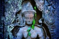 Detail of ancient statue carving Apsara dancer in Cambodia with green leaves.