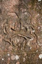 Detail of apsara dancers carved at the Angkor Wat complex in Cambodia.