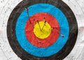 Detail of an archery target with 6 arrows inside the target Royalty Free Stock Photo