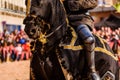 Detail of the armor of a knight mounted on horseback during a display at a medieval festival