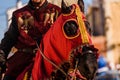 Detail of the armor of a knight mounted on horseback during a display at a medieval festival