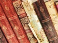 Detail of the backs of ancient books decorated in gold Royalty Free Stock Photo