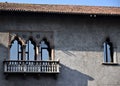 Detail, with balcony and mullioned window, of the wall of the internal courtyard of Castelvecchio in Verona.