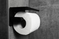 Detail bathroom of black wall mounted toilet paper holder. Black and white