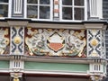 Detail of a bay window with angels on the facade of a historical house in the LÃ¼beck