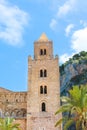 Detail of beautiful Cefalu Cathedral in Cefalu, Sicily, Italy with blue sky. Roman Catholic basilica in Norman architectural style