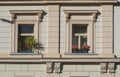 Detail of beige facade of old prague tenement house Windows with flower boxes Royalty Free Stock Photo