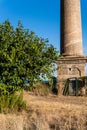 detail from below of an old industrial chimney of red brick and tree Royalty Free Stock Photo