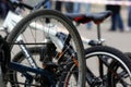 Detail of a bicycle wheel with spokes, chain and gearshift hub. Royalty Free Stock Photo