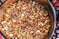 Detail of a bird feeder with millet and birdseed seeds Royalty Free Stock Photo