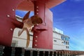 Propeller Close up and Repair Cargo ship in floating dry dock. Royalty Free Stock Photo