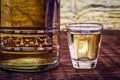 Detail of a bottle of cachaÃÂ§a, a typical Brazilian drink. Brazilian product for export, distilled drink known as aguardente or Royalty Free Stock Photo