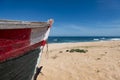 Detail of the bow of a colorful traditional fishing boat in a beach near the city of El Jadida Royalty Free Stock Photo