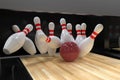 Bowling ball hitting all 10 pins, in a Strike Royalty Free Stock Photo