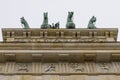 Detail of the Brandenburg Gate and the Quadriga above it in the center of Berlin, Germany, viewed from below Royalty Free Stock Photo