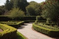 Detail of a brick pathway through a rose garden