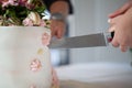 Detail of bride and groom cutting wedding cake after getting married Royalty Free Stock Photo