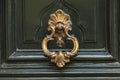 Detail of a bronze metal knocker on a wooden door of house Royalty Free Stock Photo