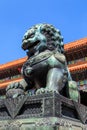 Detail of bronze statue of a lion at the forbidden city Royalty Free Stock Photo