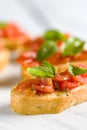 Detail of bruschetta: traditional italian appetizer with tomatoes, basil leaves and olive oil Royalty Free Stock Photo