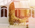 Detail of building exterior with beautiful, cozy balcony