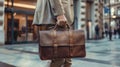 Detail of a businessman holding a leather briefcase downtown. Wide image with large copy space