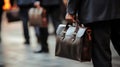 Detail of a businessman holding a leather briefcase. Wide image with large copy space