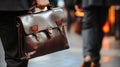 Detail of a businessman holding a leather briefcase. Wide image with large copy space