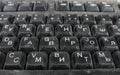 Detail of the buttons of a dusty black plastic european computer keyboard. Black old dusty computer keyboard Royalty Free Stock Photo