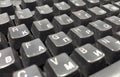 Detail of the buttons of a dusty black plastic european computer keyboard. Technology and computers. Dust and dirt