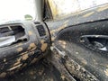 The detail of the car completely dirty by mud after the drag race