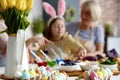 Close up of cartons of Easter eggs on the table Royalty Free Stock Photo