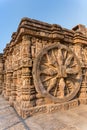 Detail carving of a stone wheel at ancient Hindu Sun Temple, Konark, India. UNESCO World Heritage. Royalty Free Stock Photo