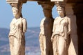 Detail of Caryatid Porch on the Acropolis, Athens, Greece. Ancient Erechtheion or Erechtheum temple. World famous landmark at the Royalty Free Stock Photo