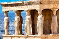 Detail of Caryatid Porch on the Acropolis, Athens, Greece. Ancient Erechtheion or Erechtheum temple. World famous landmark at the Royalty Free Stock Photo